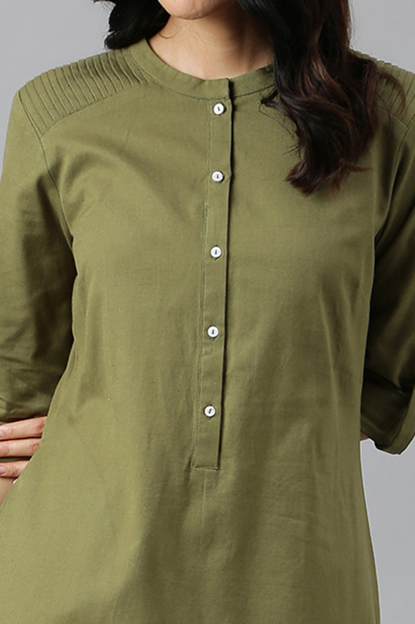 Black And Green Half Placket Cotton Flax Kurta Combo