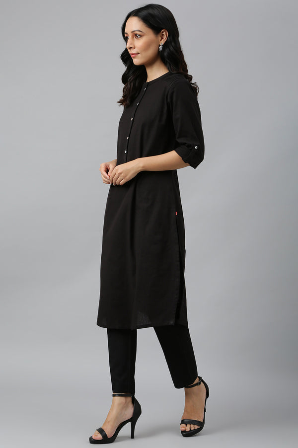 Black And Green Half Placket Cotton Flax Kurta Combo