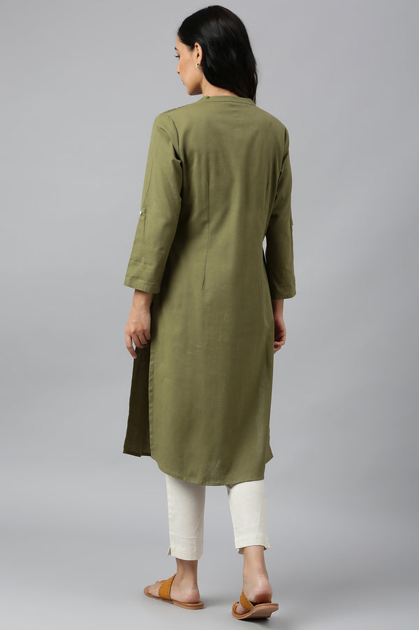 Black And Green Half Placket Cotton Flax Kurta Combo