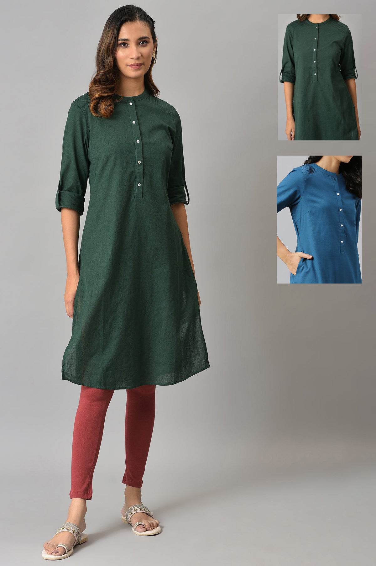 Green And Blue Half Placket Cotton Flax Kurta Combo - XS