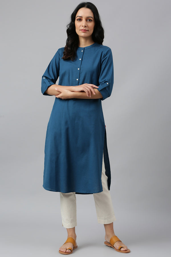 Green And Blue Half Placket Cotton Flax Kurta Combo