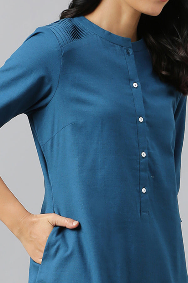 Green And Blue Half Placket Cotton Flax Kurta Combo