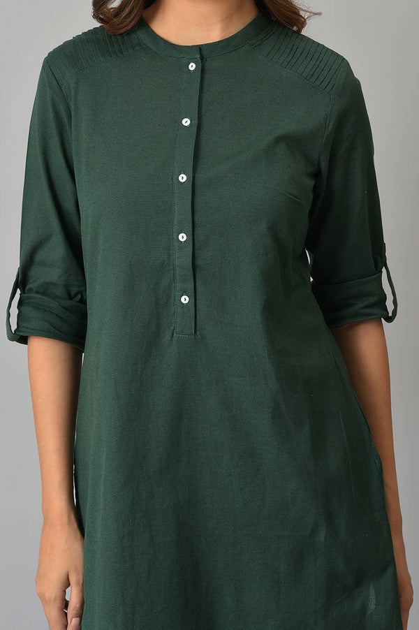 Green And Blue Half Placket Cotton Flax Kurta Combo