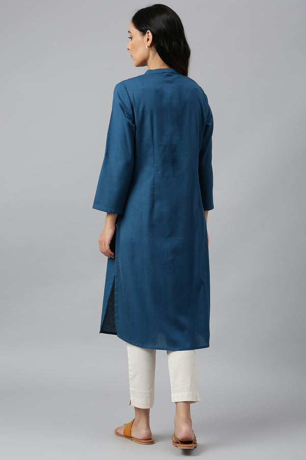 Green And Blue Half Placket Cotton Flax Kurta Combo