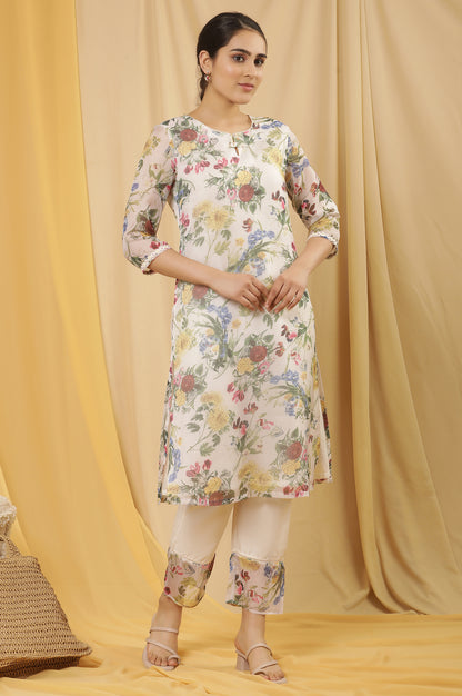 White Layered Organza Floral Printed Kurta