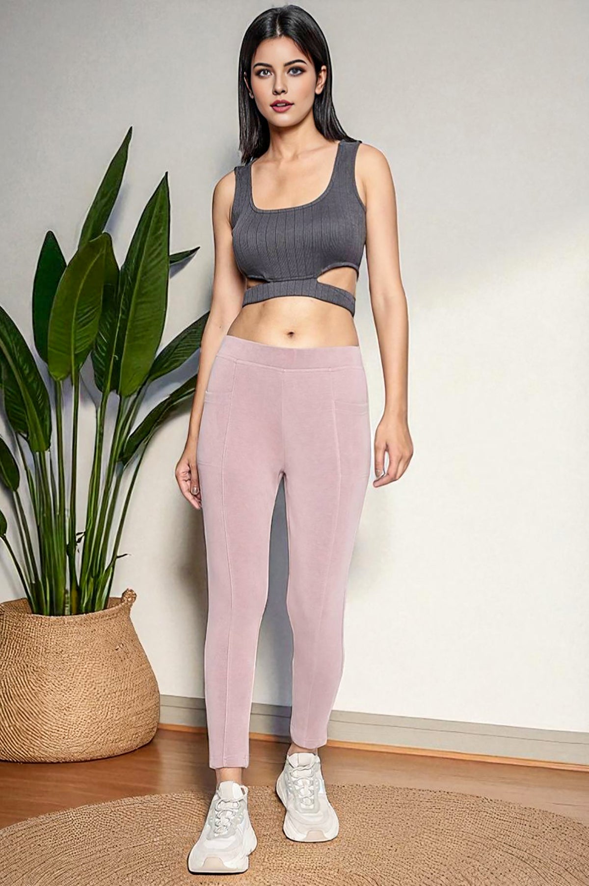Elleven Women's Pink Solid Mid-rise Ankle Length Yoga Tights - M