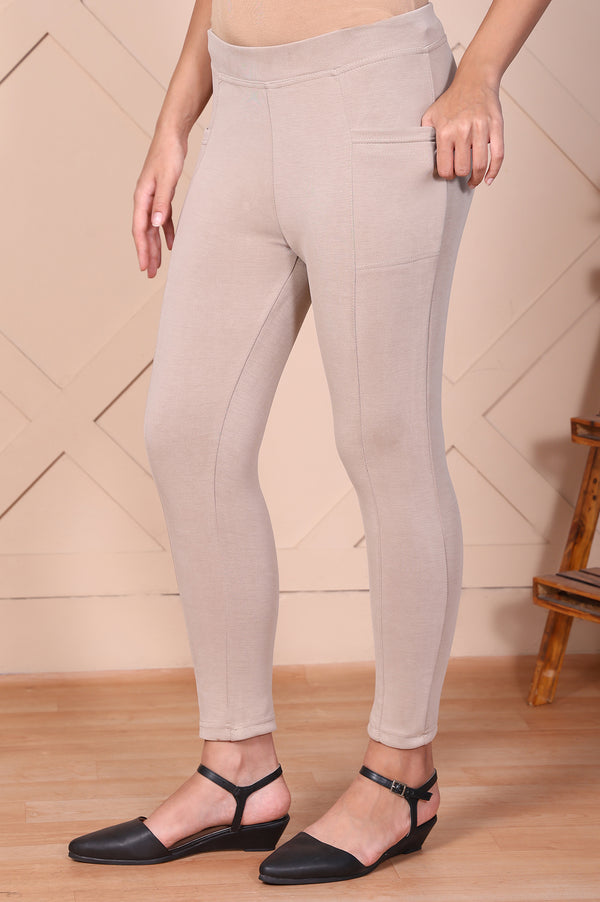 Elleven Women's Beige Solid High-Waist Modal Tights
