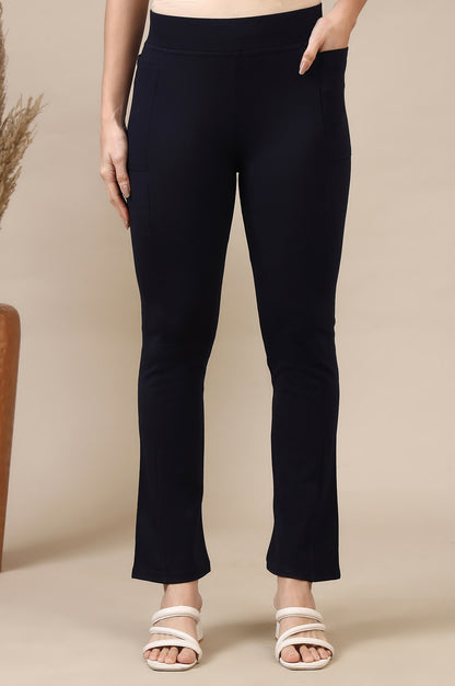 Navy Blue Solid Flared Knit Yoga Tights with High-waisted Design