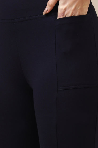 Navy Blue Solid Flared Knit Yoga Tights with High-waisted Design