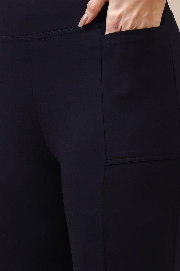 Navy Blue Solid Flared Knit Yoga Tights with High-waisted Design