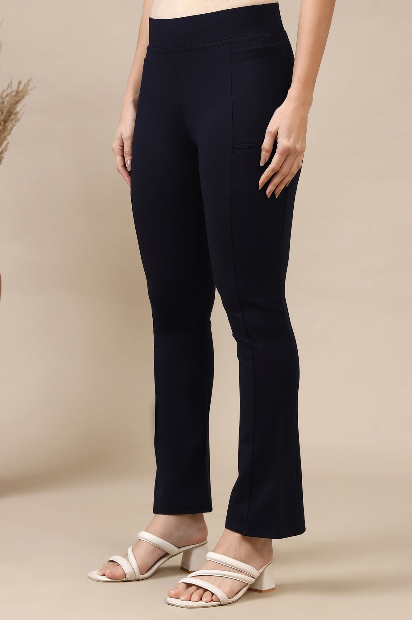 Navy Blue Solid Flared Knit Yoga Tights with High-waisted Design