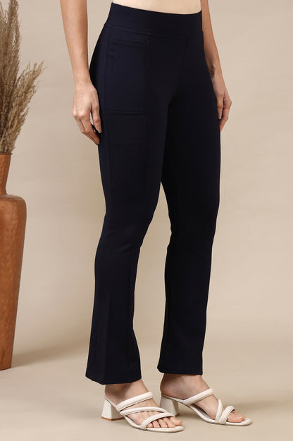 Navy Blue Solid Flared Knit Yoga Tights with High-waisted Design