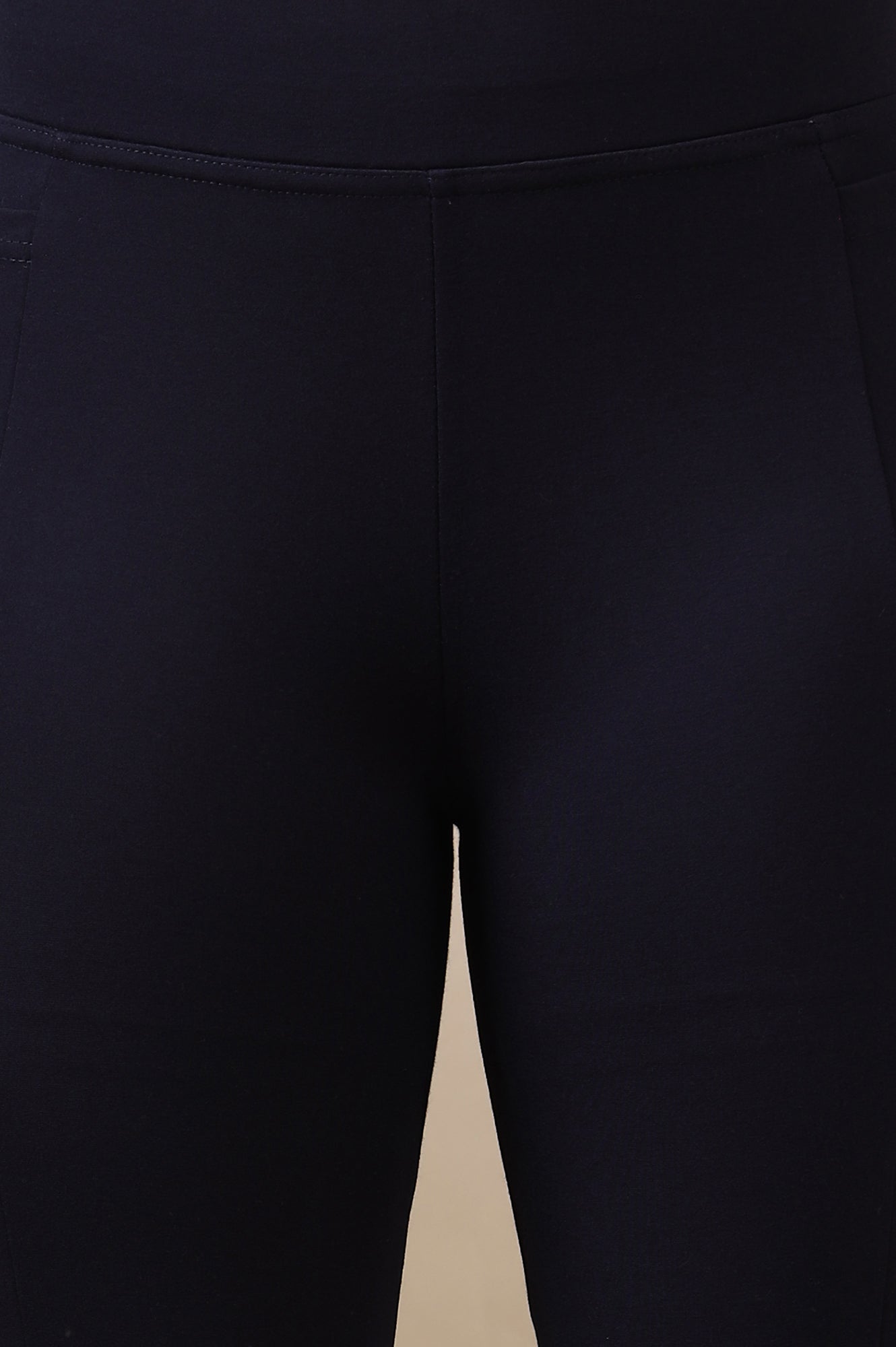 Navy Blue Solid Flared Knit Yoga Tights with High-waisted Design