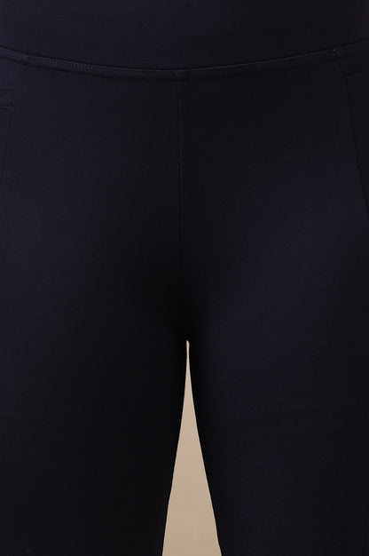 Navy Blue Solid Flared Knit Yoga Tights with High-waisted Design