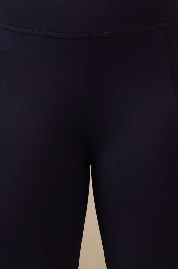 Navy Blue Solid Flared Knit Yoga Tights with High-waisted Design