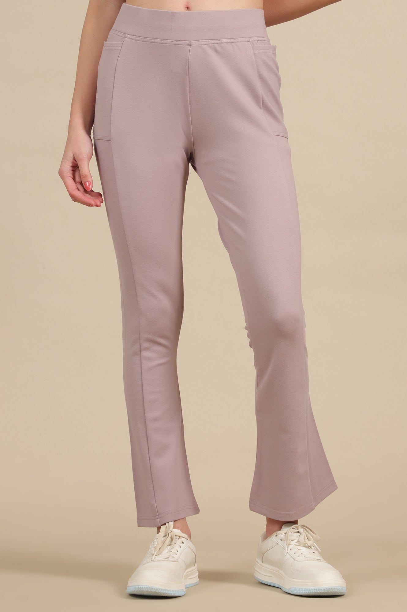 Creamy Mauve Solid Flared Knit Pants with Side Pockets