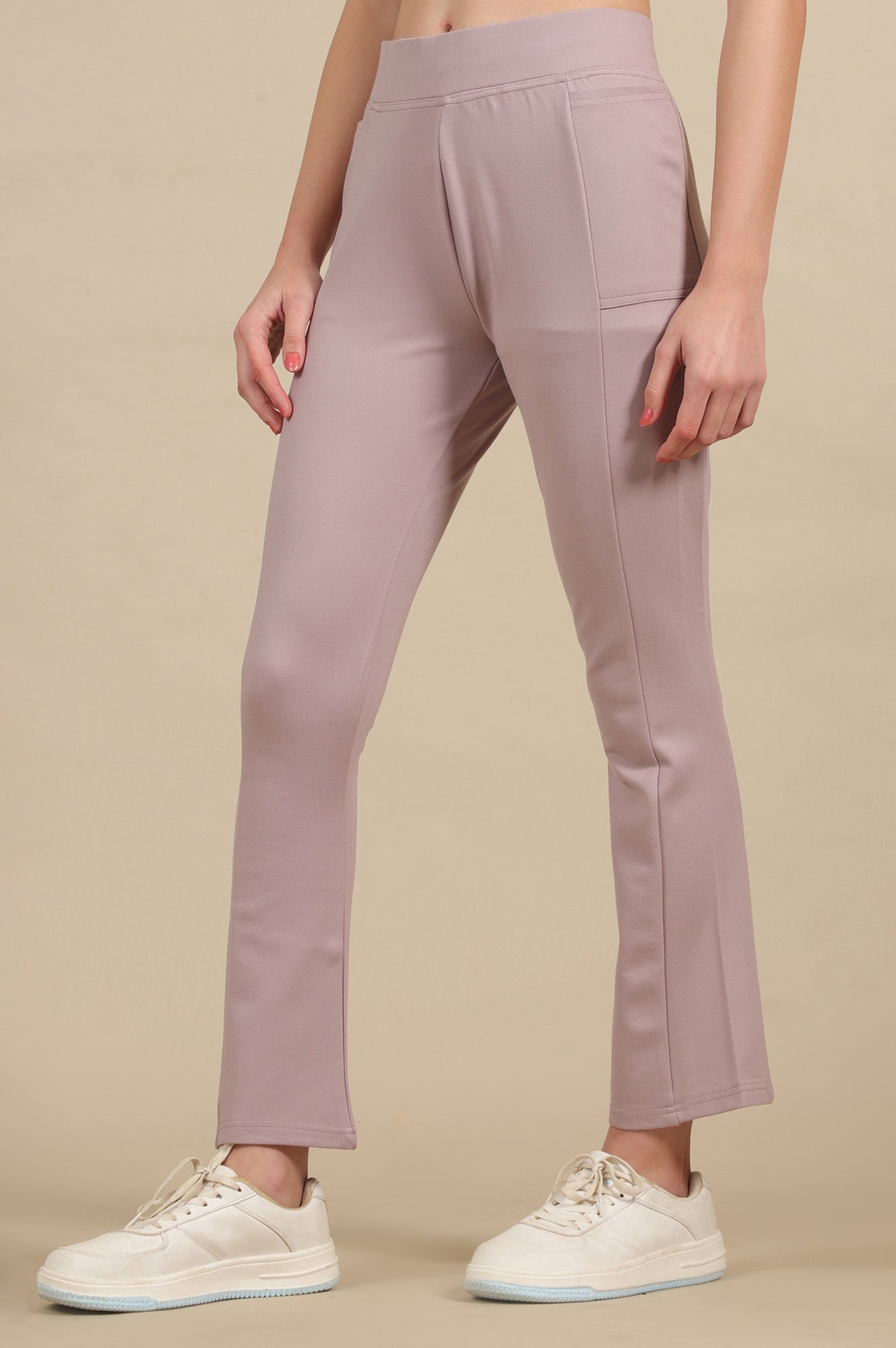 Creamy Mauve Solid Flared Knit Pants with Side Pockets