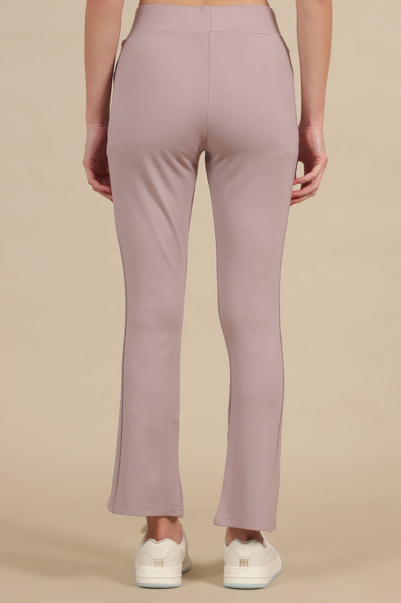 Creamy Mauve Solid Flared Knit Pants with Side Pockets