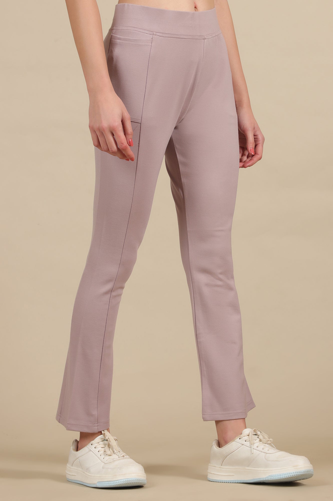 Creamy Mauve Solid Flared Knit Pants with Side Pockets