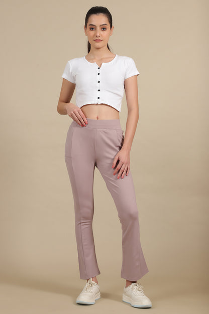 Creamy Mauve Solid Flared Knit Pants with Side Pockets