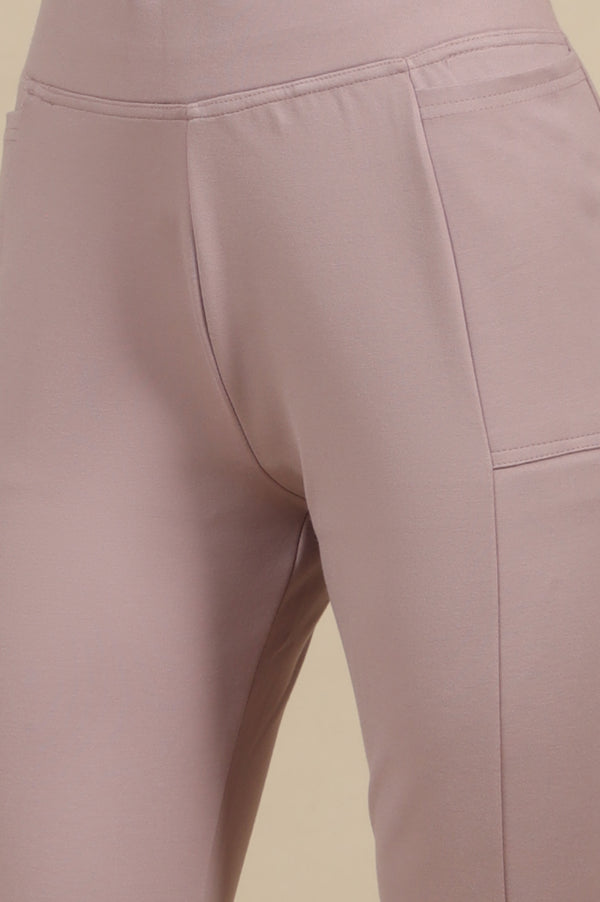 Creamy Mauve Solid Flared Knit Pants with Side Pockets