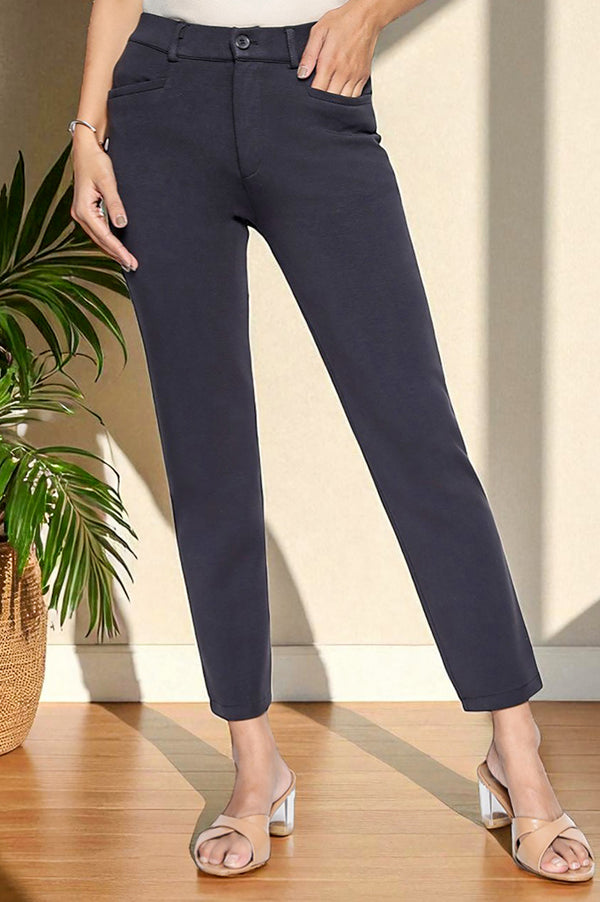 Elleven Women's Black Solid Slim fit Trousers in Ankle Length