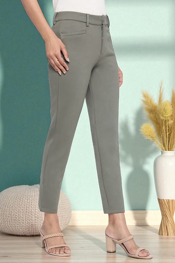 Elleven Women's Green Solid Mid Rise Trouser in Ankle Length