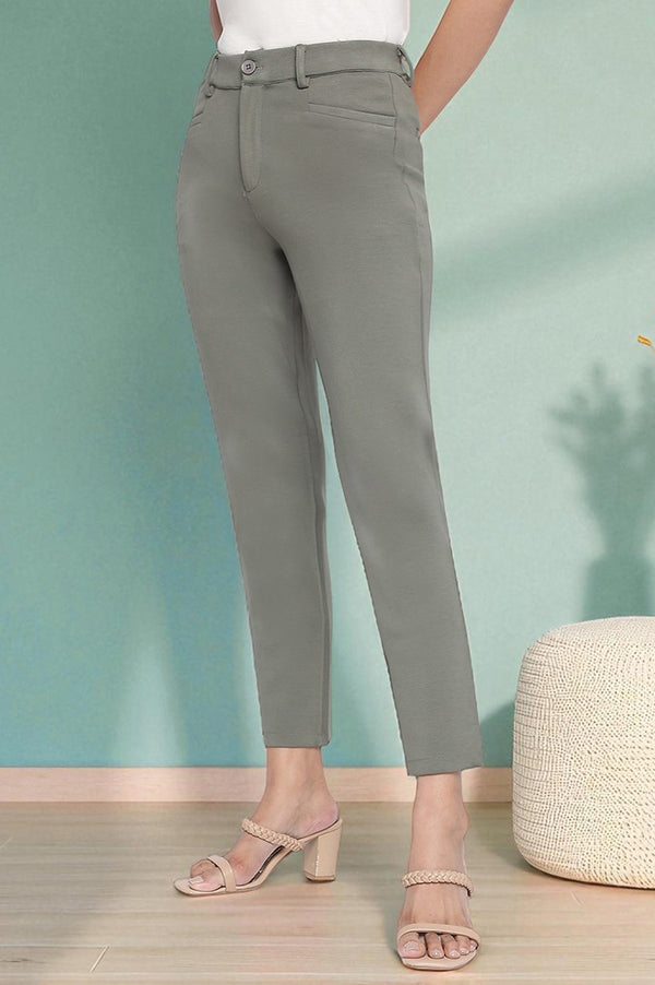 Elleven Women's Green Solid Mid Rise Trouser in Ankle Length