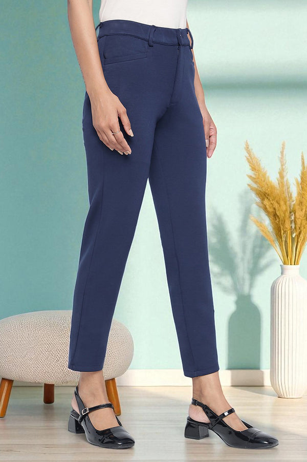 Elleven Women's Navy Blue Solid Mid Rise Trouser in Ankle Length
