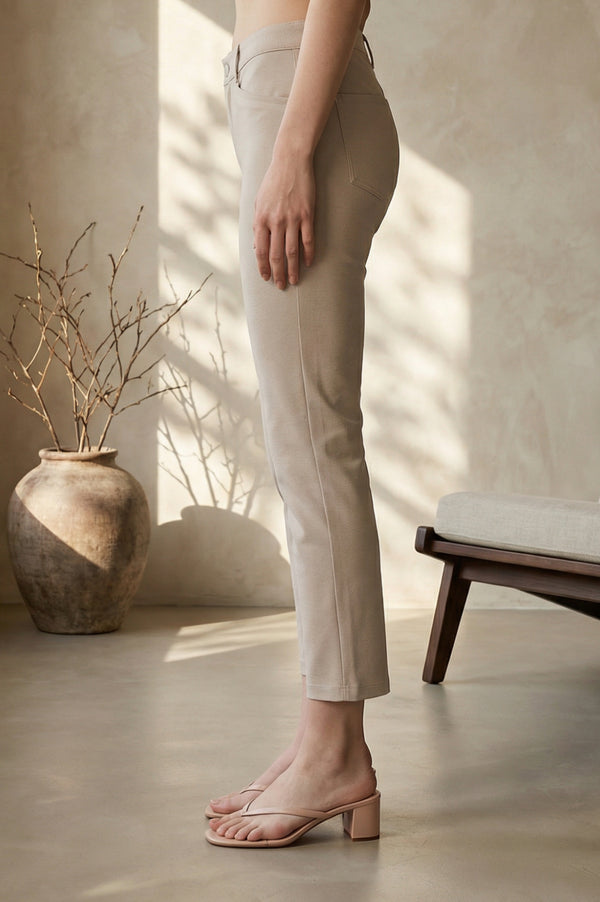 Elleven Women's Beige Solid Modal Slim Fit Crop Mid Rise Boss Pants