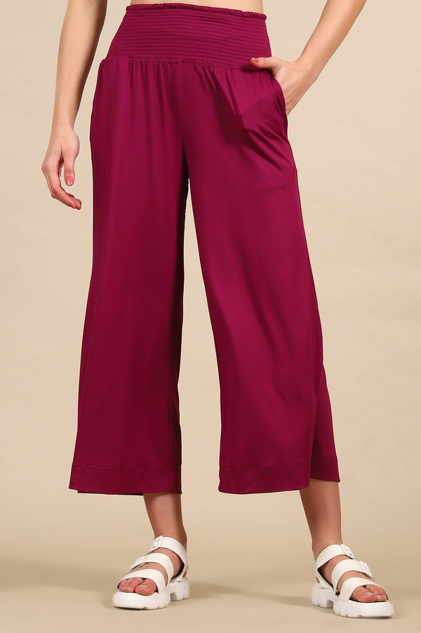 Elleven Women's Purple Solid Flared Pants With Smoked Waist