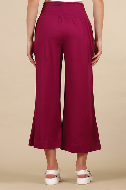 Purple Solid Flared Pants With Smoked Waist
