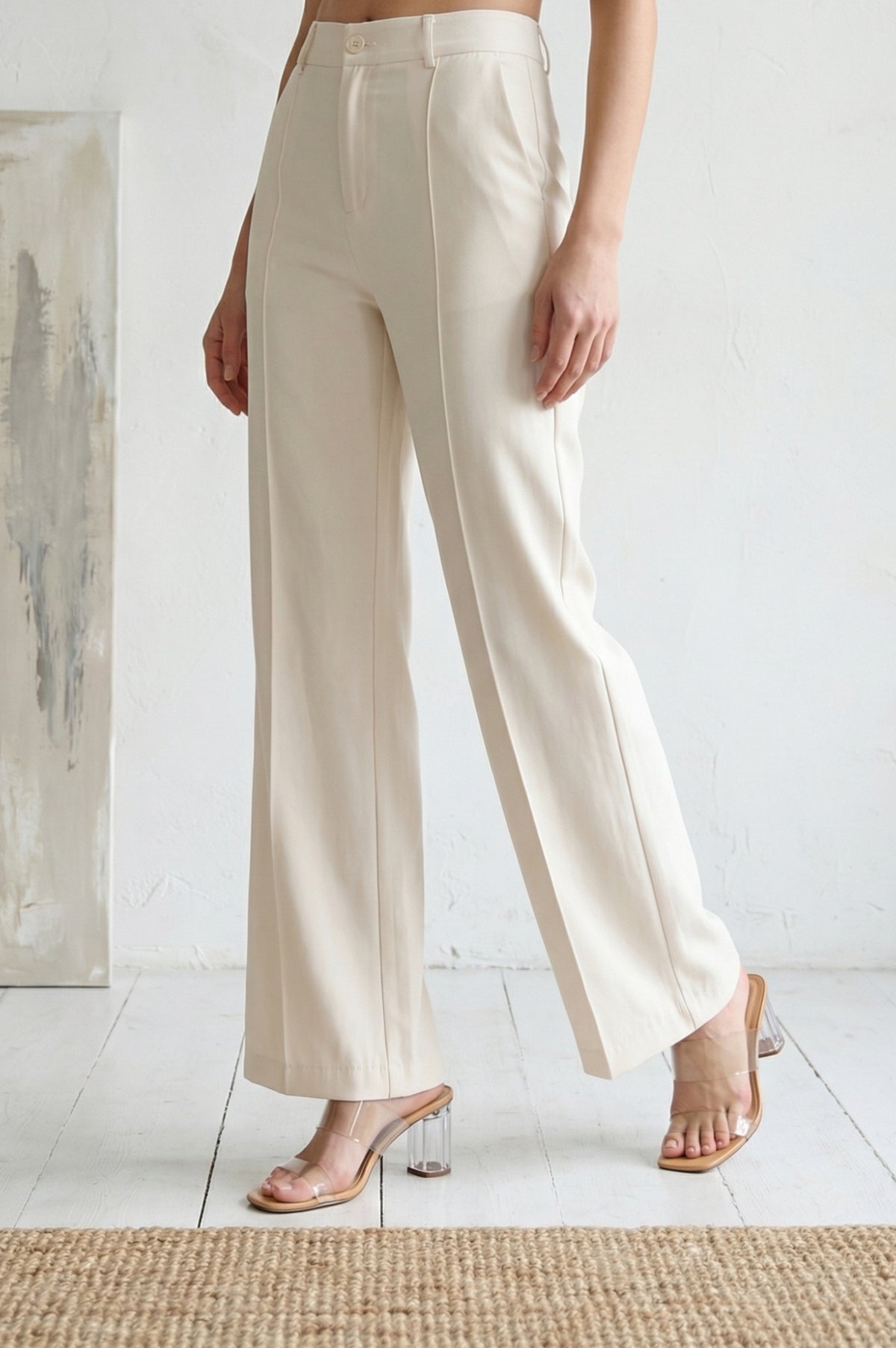 Elleven Women's Cream Solid Rayon Blend Straight Ankle Length Boss Pants - M