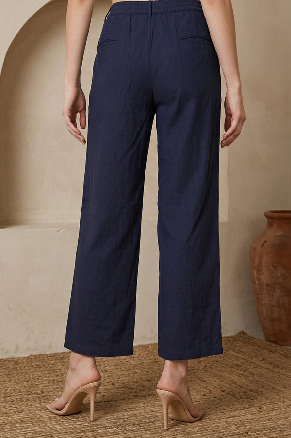 Elleven Women's Navy Blue Solid Rayon Wide-Leg Boss Pants