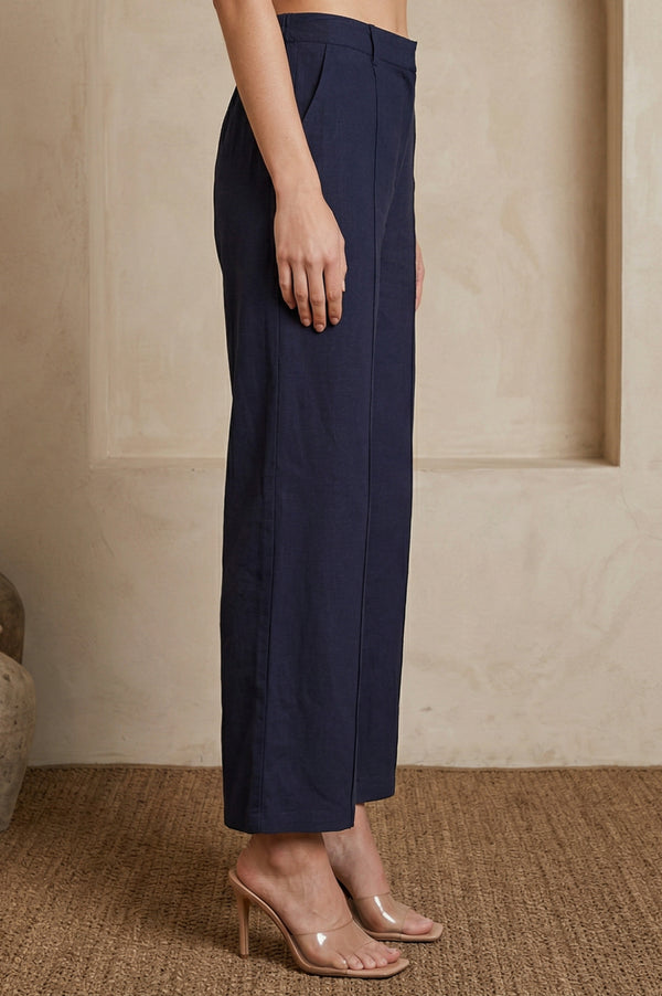 Elleven Women's Navy Blue Solid Rayon Wide-Leg Boss Pants