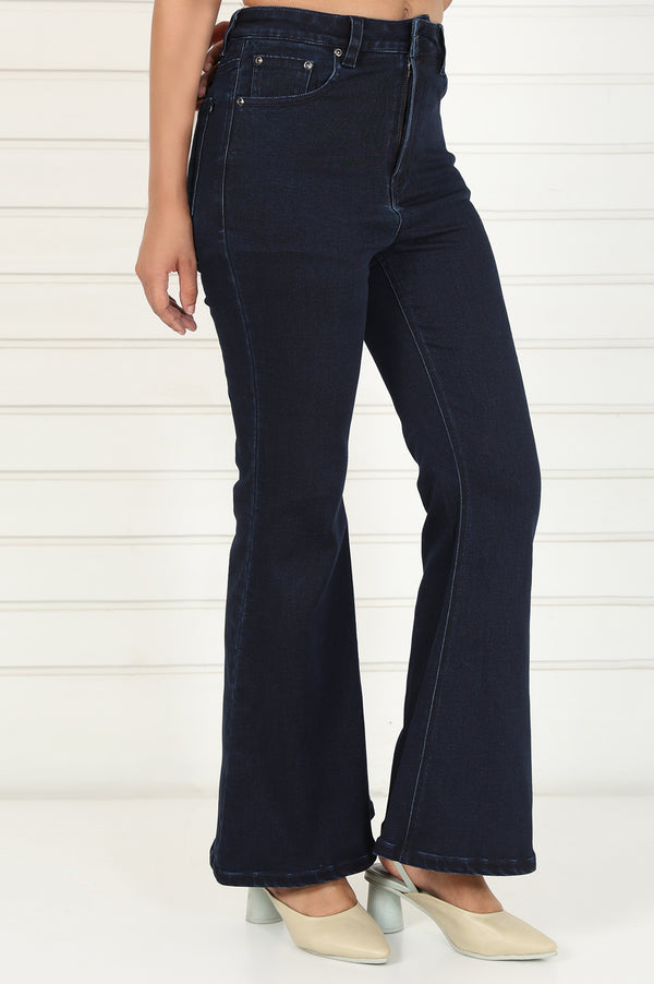 Elleven Women's Blue Denim Lycra Mid Rise Ankle Length Flared Pants with YKK Zipper