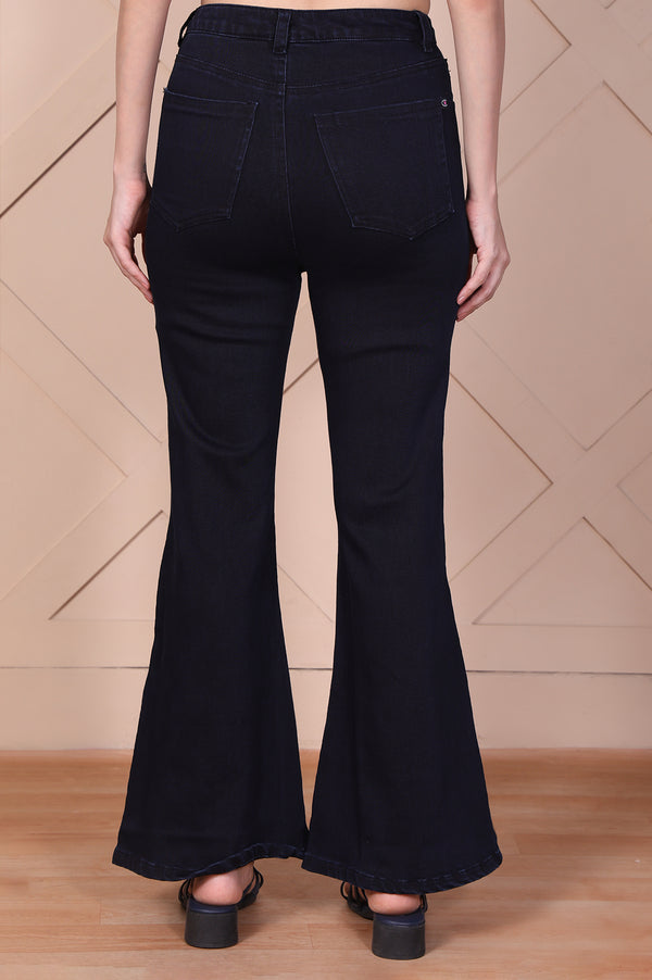 Navy Blue Denim Lycra High Rise Flared Jeans