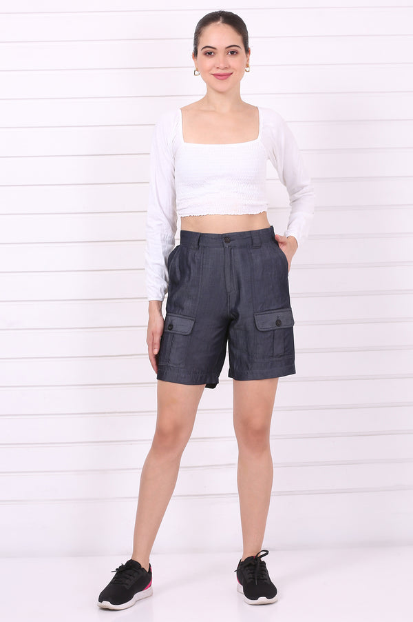 Elleven Women's Blue Solid Mid Thigh Linen Shorts with YKK Zipper