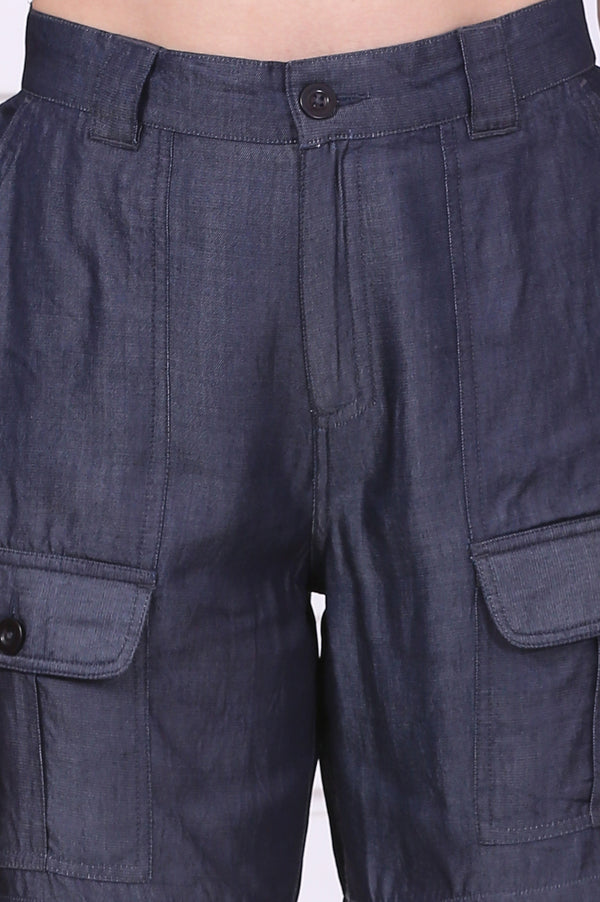 Elleven Women's Blue Solid Mid Thigh Linen Shorts with YKK Zipper