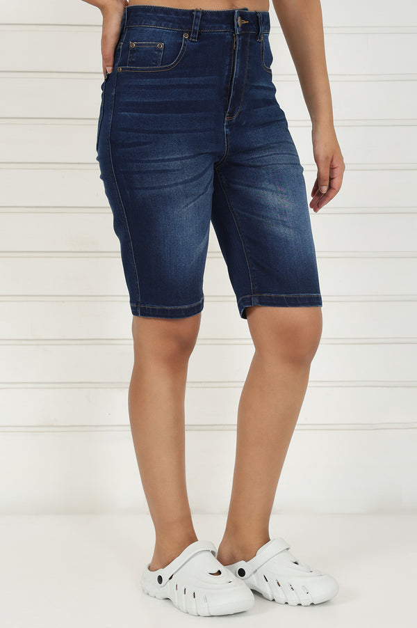Elleven Women's Blue Denim Lycra Mid Rise Mid Thigh Length Shorts with YKK Zipper