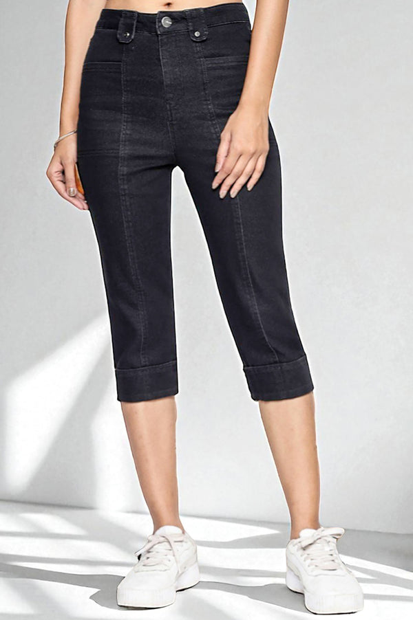 Elleven Women's Black Cotton Denim Lycra Cropped Length Capri with YKK Zipper