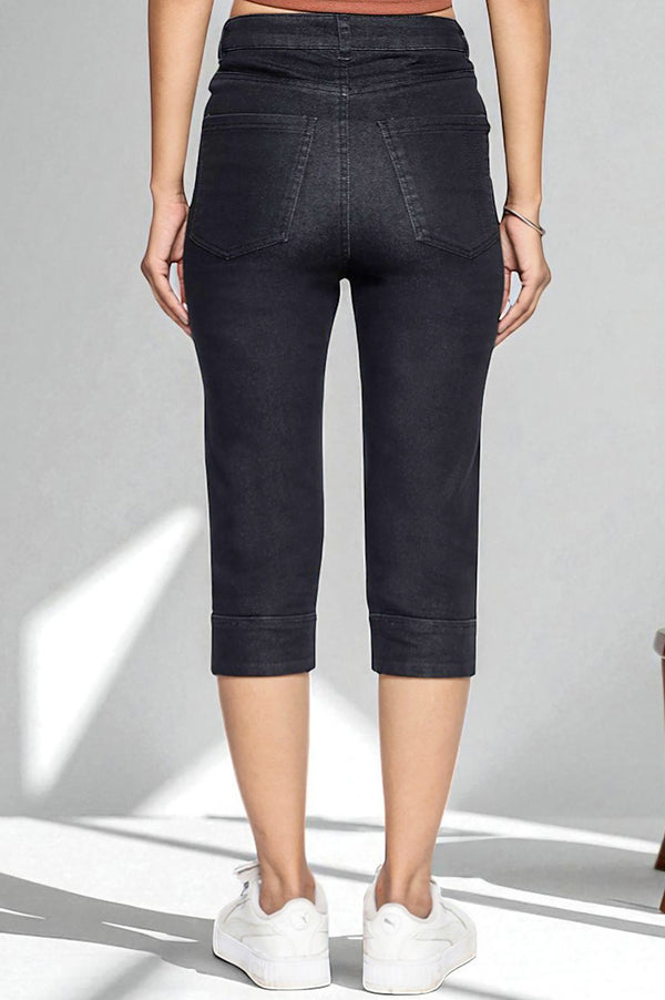 Elleven Women's Black Cotton Denim Lycra Cropped Length Capri with YKK Zipper