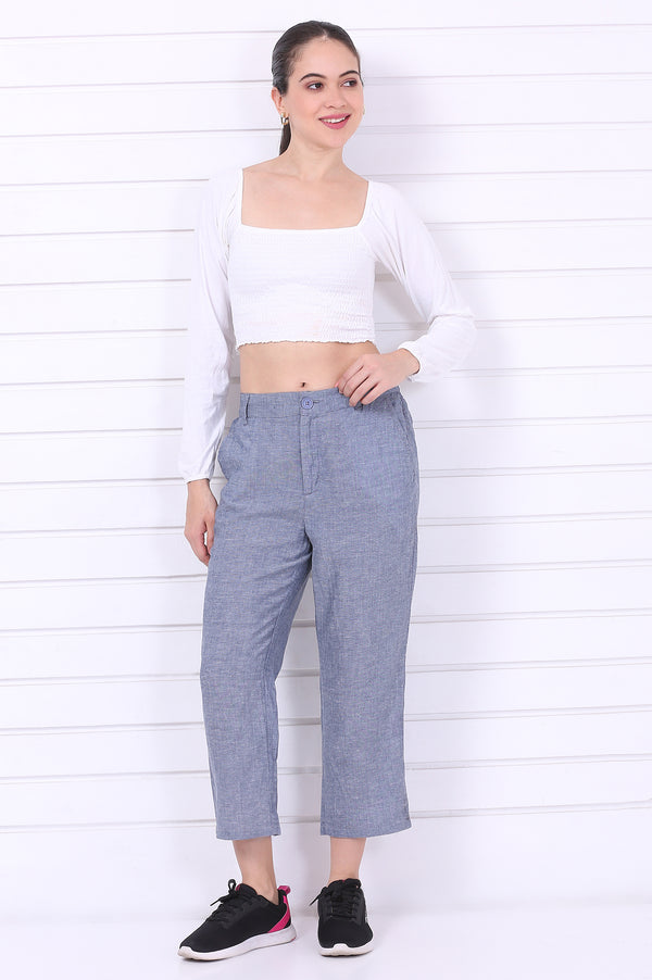 Elleven Women's Blue Solid Ankle Length Denim Linen Pants with YKK Zipper