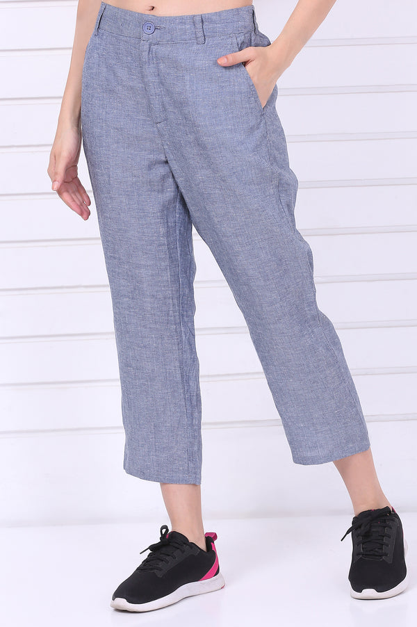 Elleven Women's Blue Solid Ankle Length Denim Linen Pants with YKK Zipper