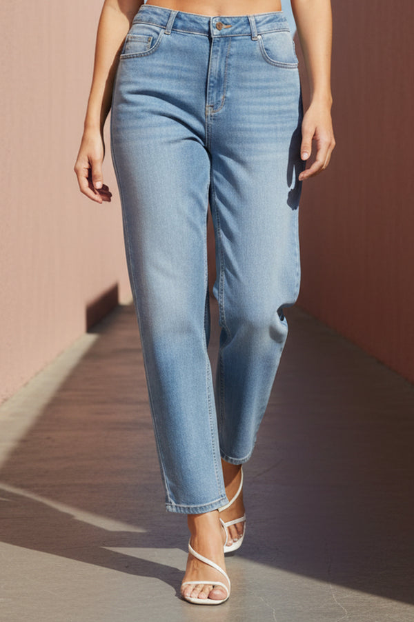 Blue Solid Cotton Blend Straight Fit Ankle Length High Rise Jeans