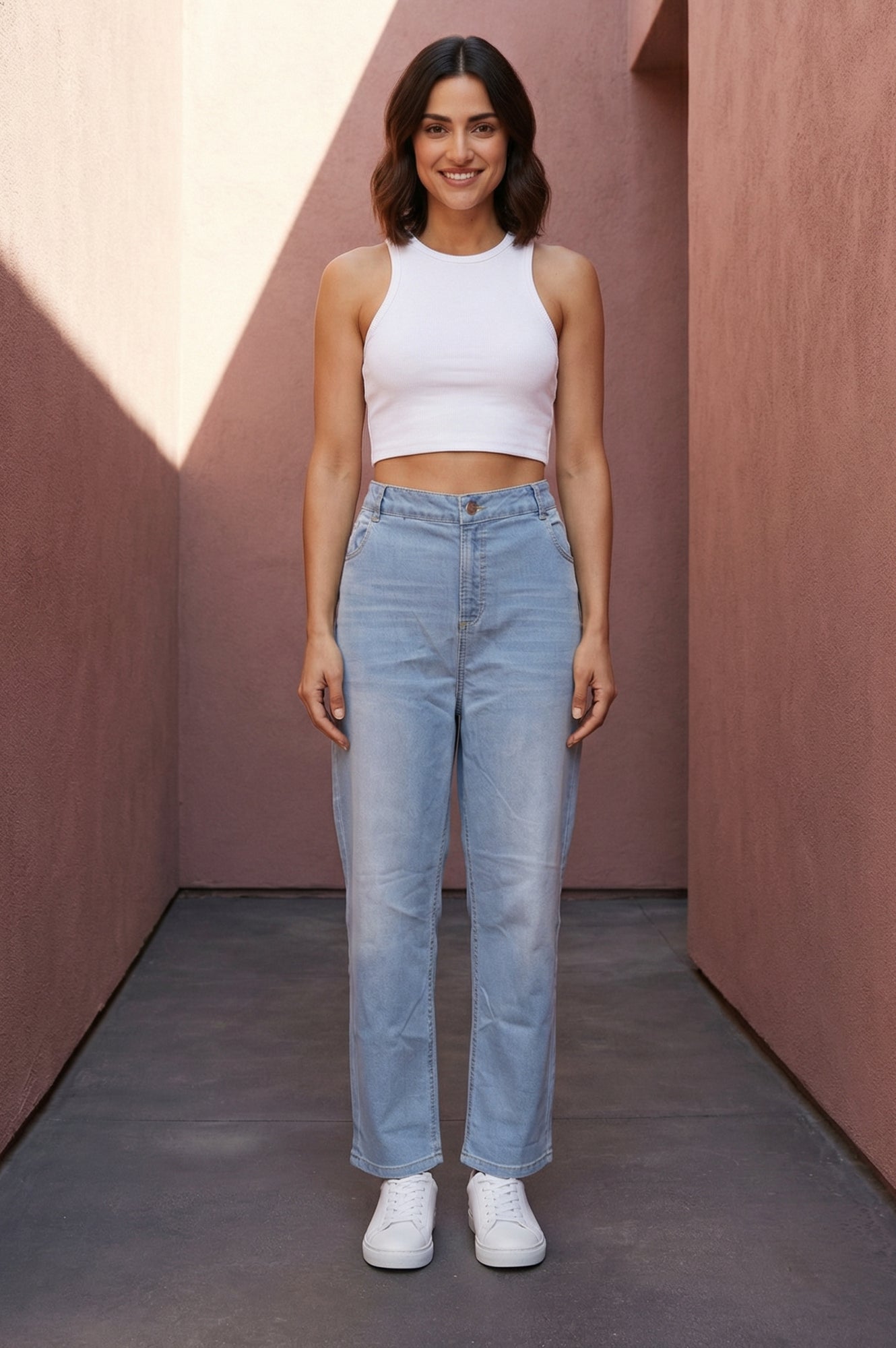 Blue Solid Cotton Blend Straight Fit Ankle Length High Rise Jeans