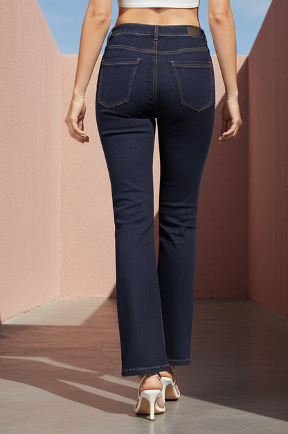 Blue Solid Cotton Blend Straight Fit Ankle Length High Rise Jeans