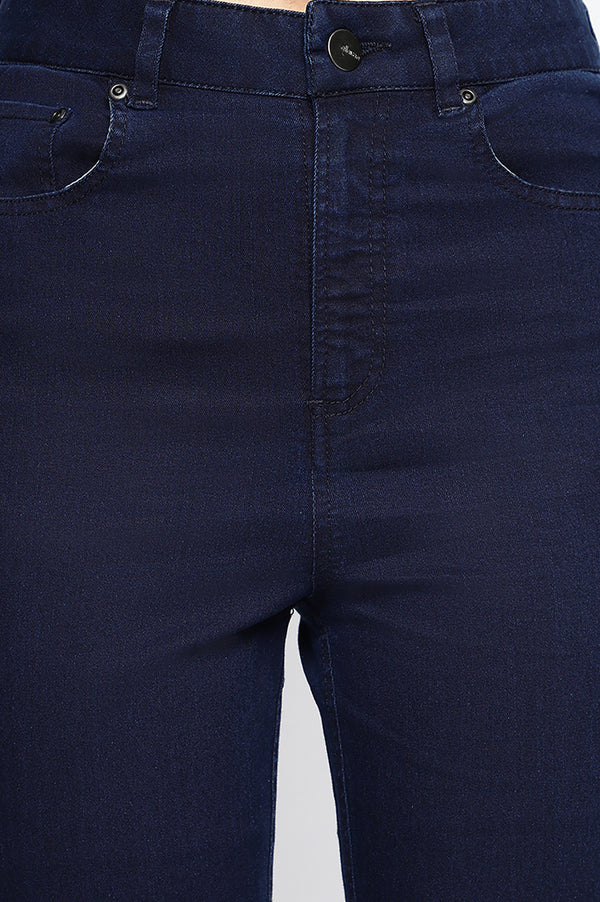 Elleven Women's Blue Cotton Lycra Ankle Length Denim Straight Pants with YKK Zipper
