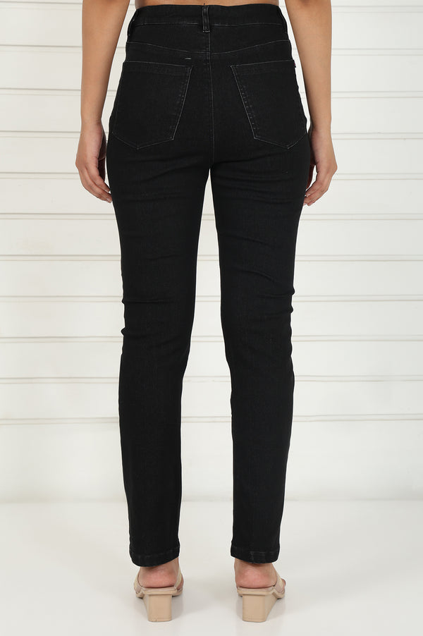 Elleven Women's Black Denim Lycra Mid Rise Ankle Length Straight Pant with YKK Zipper