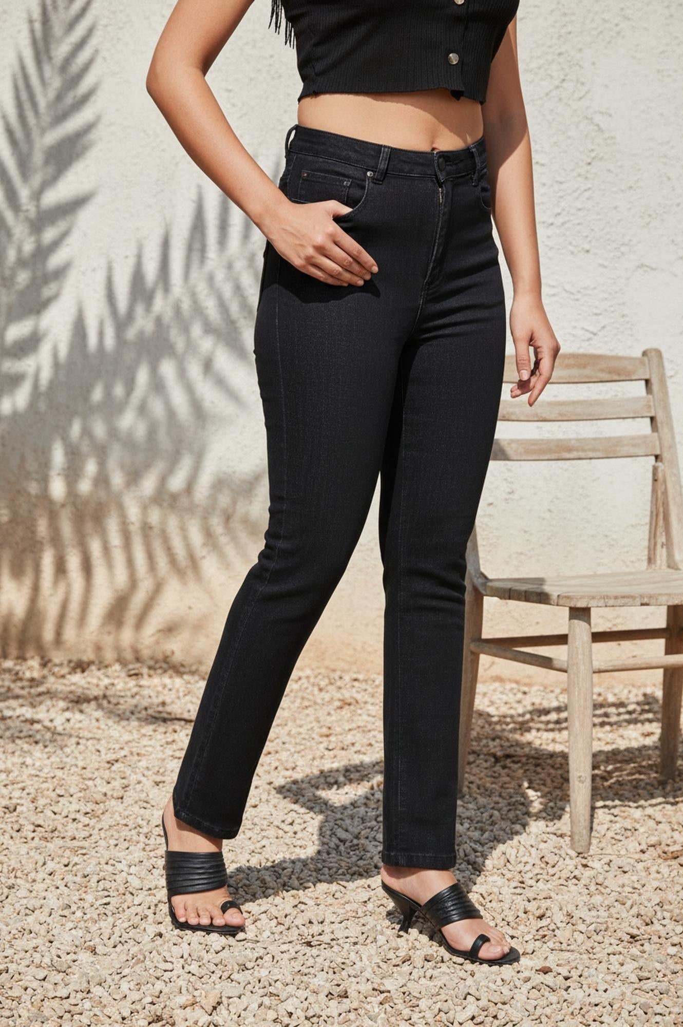 Black Solid Straight-Leg Denim Jeans with YKK Zipper